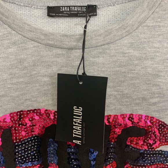 Zara  Love Sequin Puffed Sleeve Sweater Crop Gray small  new - Picture 5 of 7